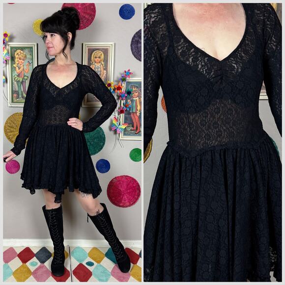 Free People Sheer Black Lace Long Sleeve Mini Dress - Picture 1 of 8